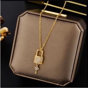 Women’s Cubic Zircon Lock & Key Pendant Stainless Steel Necklace Minimalist Gift